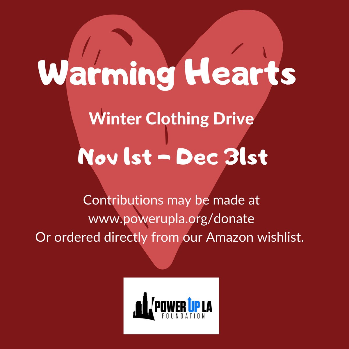 PowerUpLa's tweet photo. Join us as we provide warmth this season for children experiencing homelessness in the Los Angeles area.  Donations can be made at https://t.co/X1wkUQ41Kh or directly from our Amazon wishlist at https://t.co/nruaiXnfey https://t.co/KRL0U86yjv