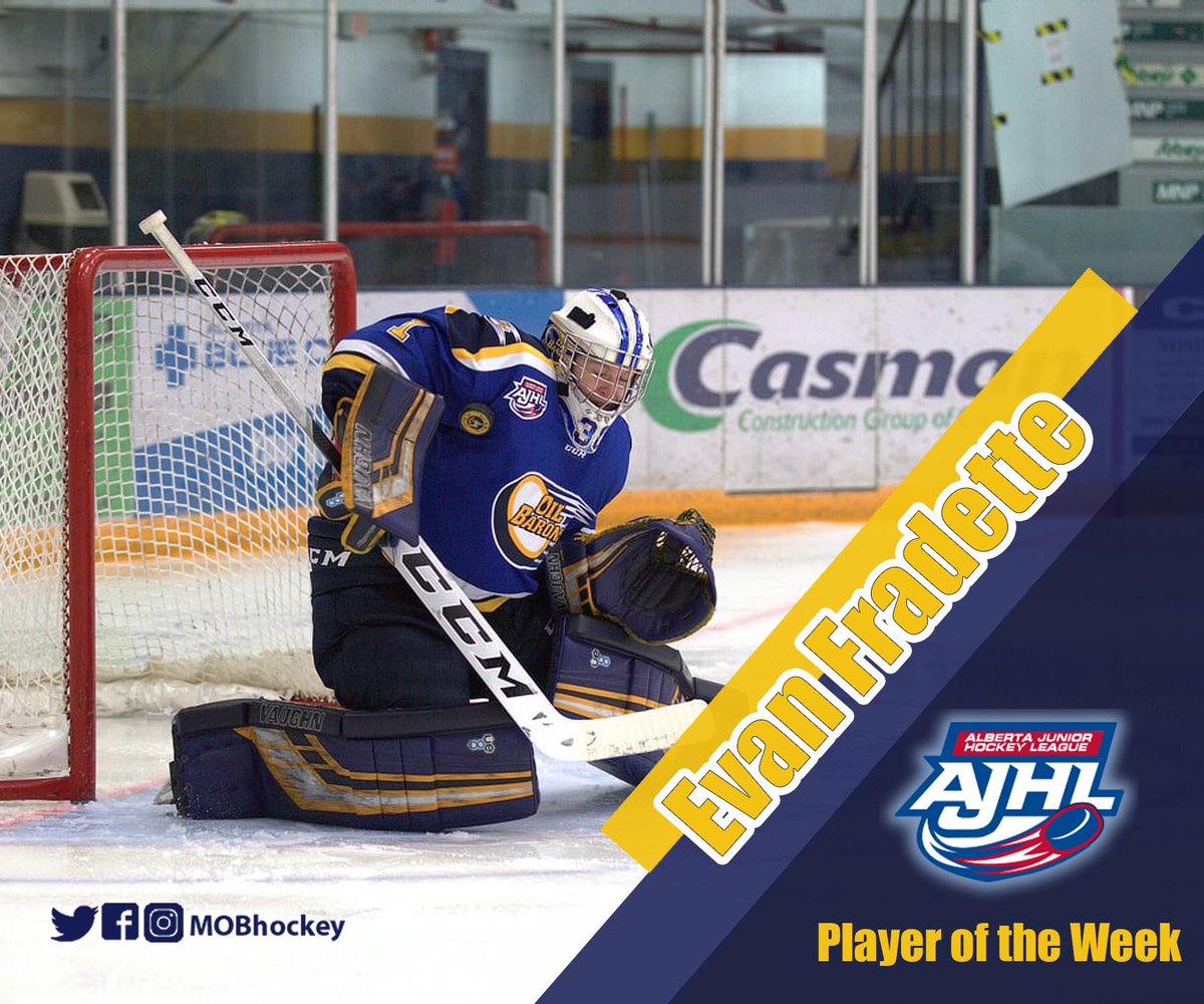 MOBHockey's tweet photo. Congratulations to Evan Fradette on being named @TheAJHL’s Player of the Week! 

Evan recorded 2 shutouts this weekend on home ice. 

#AJHL https://t.co/HwnH1boauL