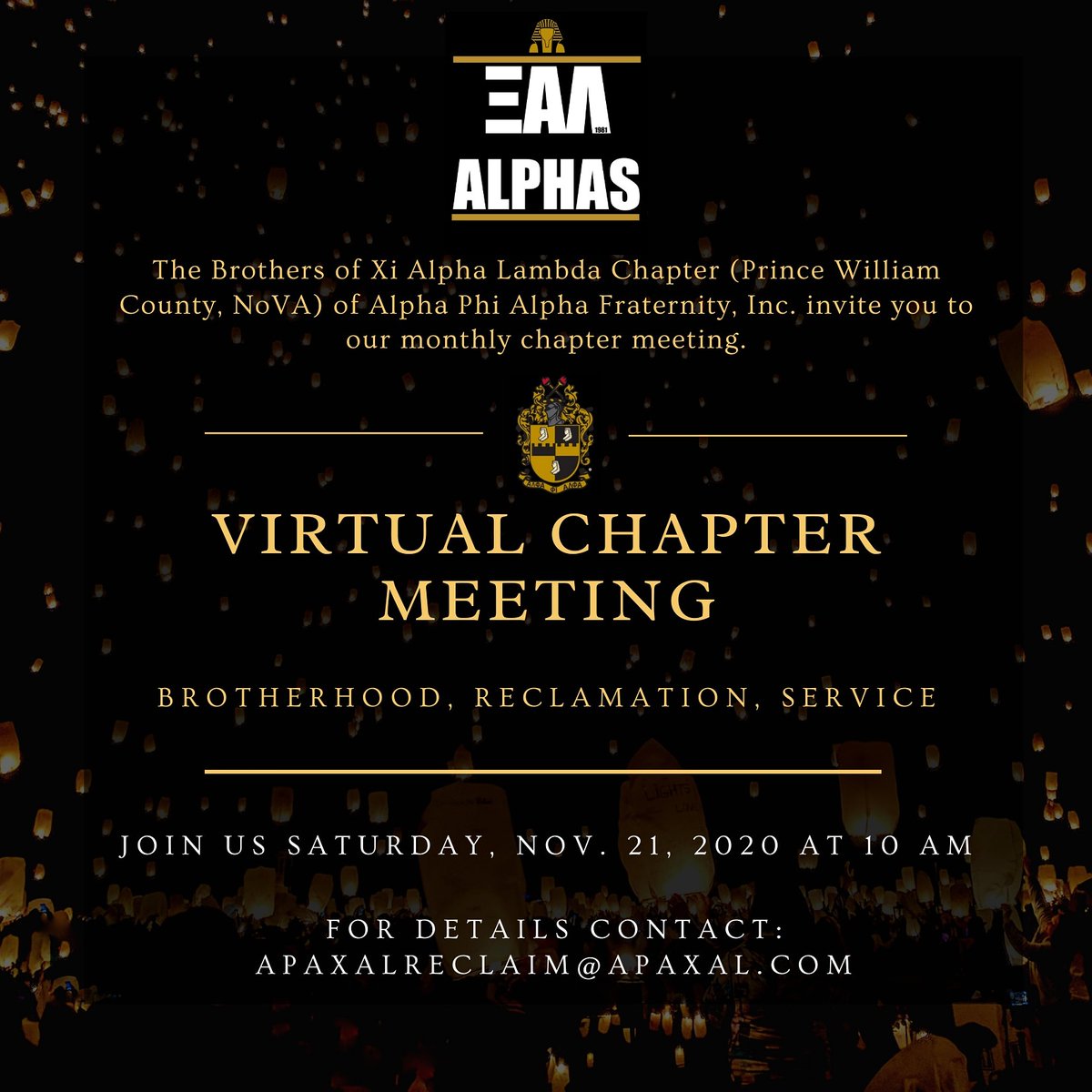 If you are a brother located in the DMV, the brothers of ΞΑΛ invite you to join us at our Zoom chapter meeting this Saturday Nov 21, 2020 @ 10am. For details please email apaxalreclaim@apaxal.com