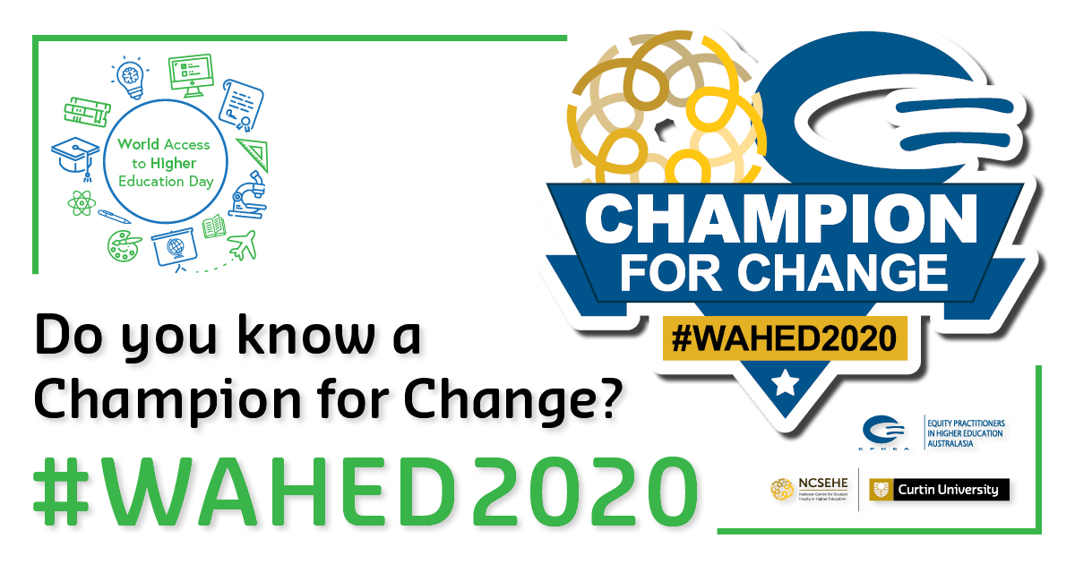 acsesedu's tweet photo. A huge congratulations to all of our #WAHED2020 'Champions for Change'! Your inspirational efforts are appreciated by #HigherEducation students, staff and all of us here at the NCSEHE - well done! #EquityPractitioners #Heroes @TherealEPHEA @WorldAccessHE @NEONHE https://t.co/YM6NTCNALT