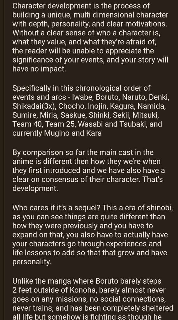 backstories for other characters besides the main one's like Boruto or Kawaki. The reason Manga is better because it's ahead, that's it prime logic, but the anime will surpass it when it goes to the main story.
