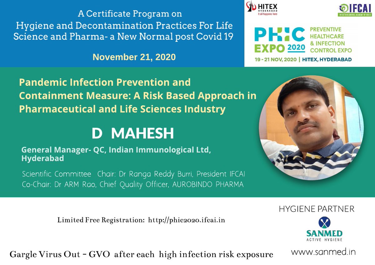 sanmed_health's tweet photo. Free registration for a certificate programme on "Hygiene and Decontamination Practices for the Life Sciences and Pharma - a New Normal Post Covid19" scheduled on Nov. 21 at Hitex, Hyderabad. Register at https://t.co/Na1kiJb05v Option of online live-stream view. #IFCAI #Hitex https://t.co/acVLrOh3hx