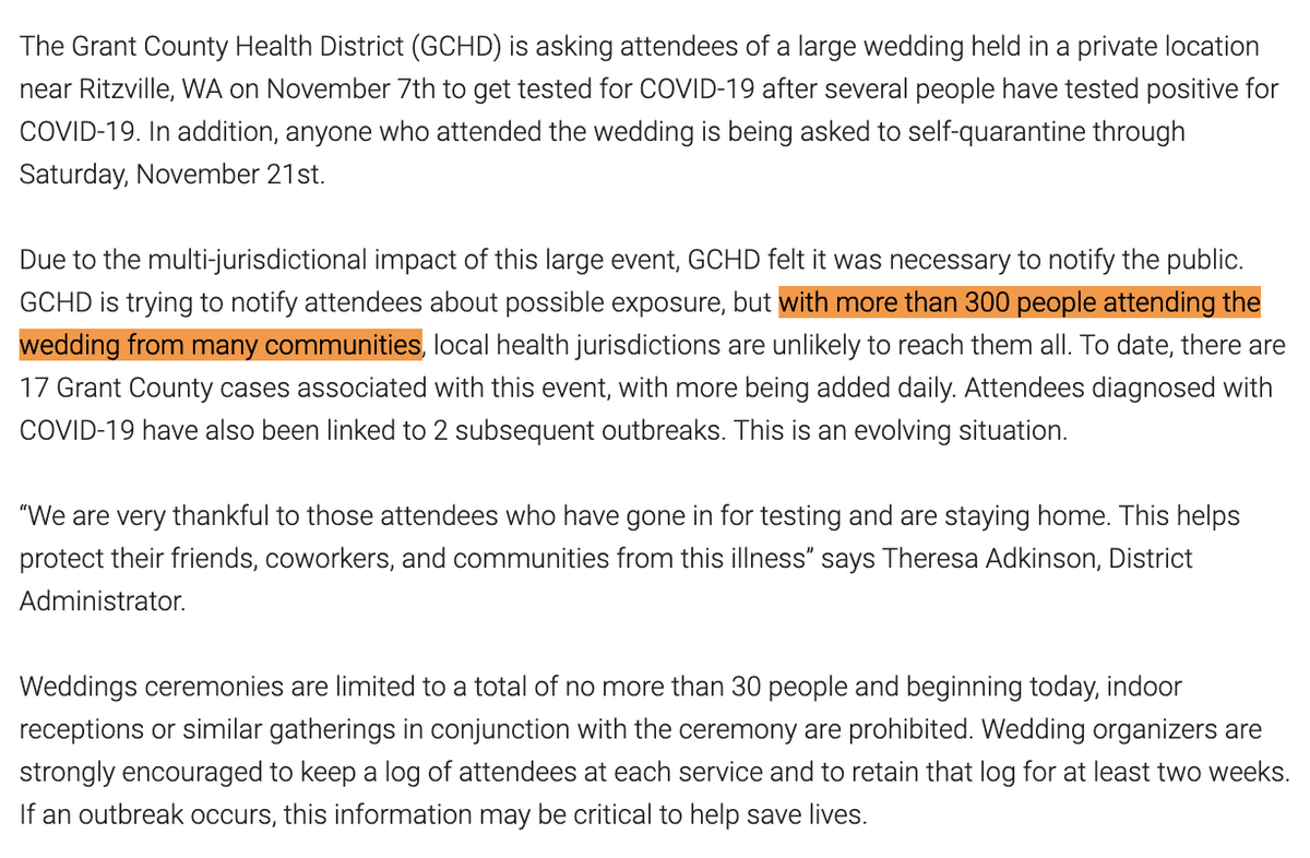 ByMikeBaker's tweet photo. Nine days ago, a wedding in central Washington drew 300 people. Since then, officials have so far identified 17 coronavirus infections linked to the event and "2 subsequent outbreaks."
State rules prohibit weddings of more than 30 people.
https://t.co/cGGF1F2O1v https://t.co/RqSqY1I9Vu