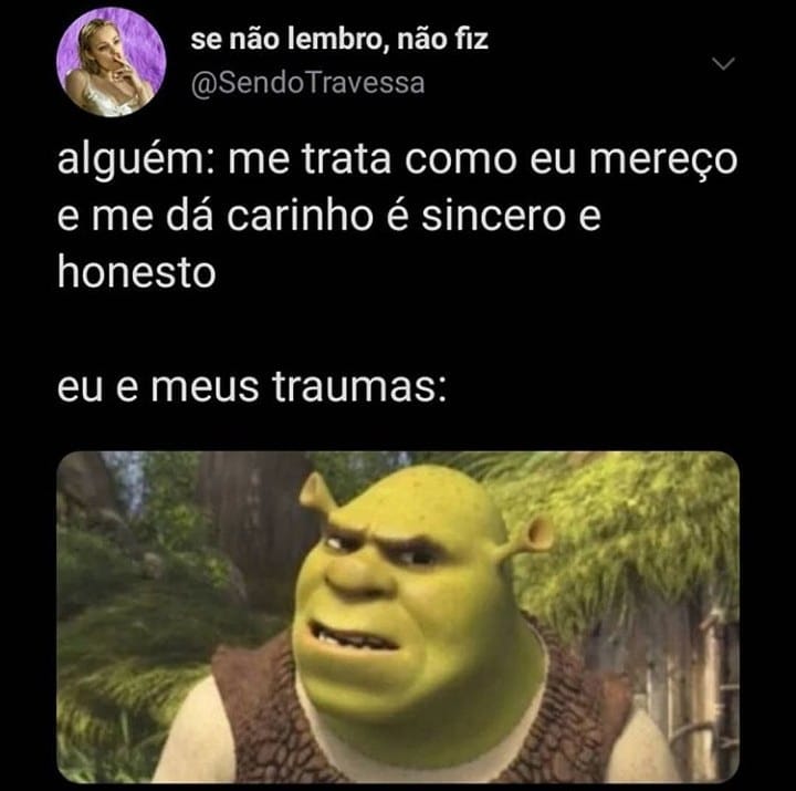 Memes Acessíveis on X: Post de se não lembro, não fiz @sendotravessa:  alguém me trata como eu mereço e me dá carinho é sincero e honesto eu e  meus traumas: O ogro