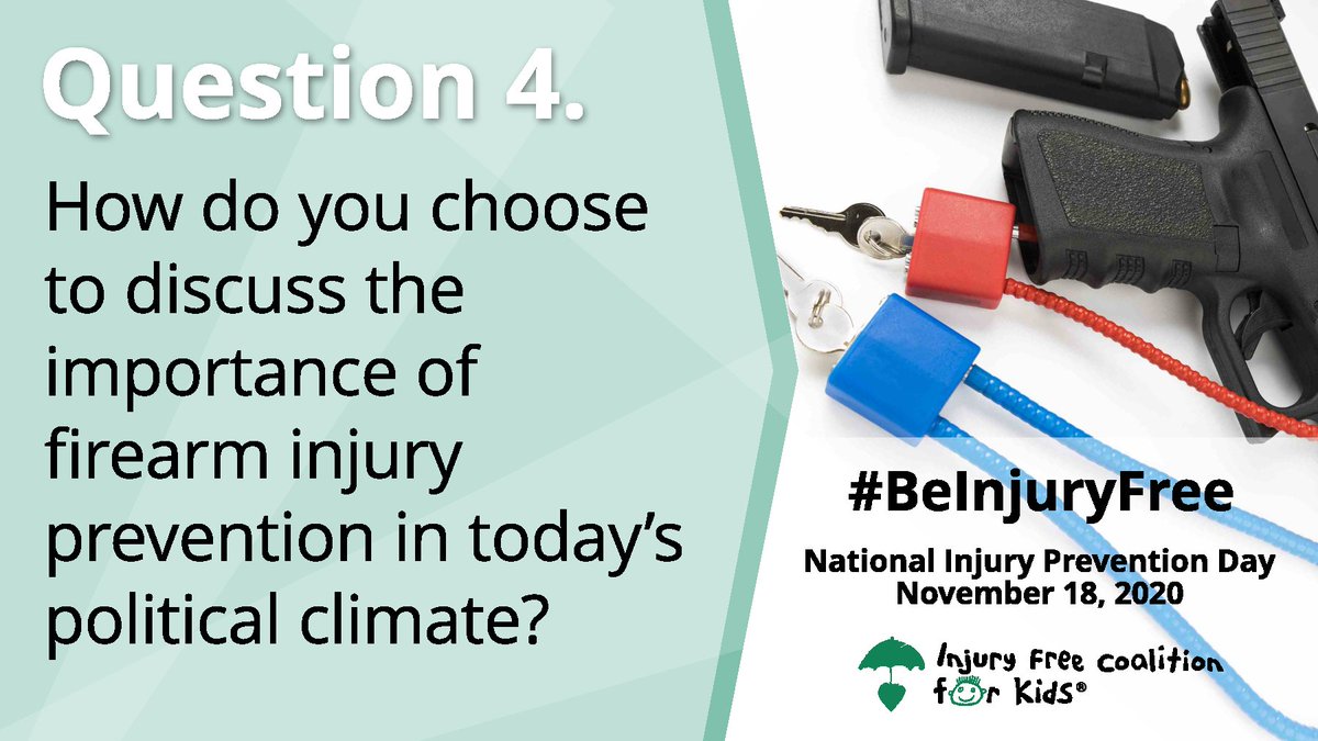 InjuryFreeKids's tweet photo. Q4. How do you choose to discuss the importance of firearm injury prevention in today’s political climate? #BeInjuryFree https://t.co/qzpqMuB6u5