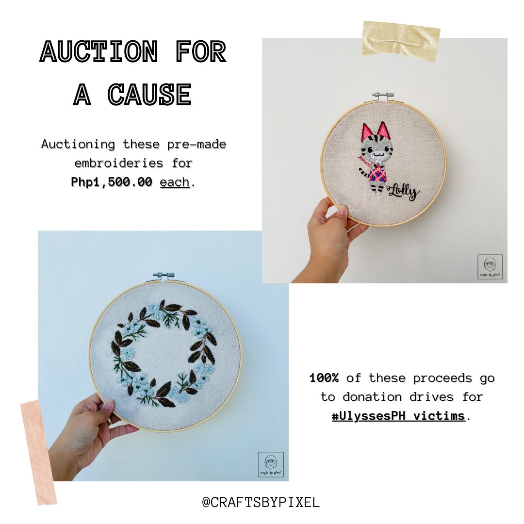 CraftsByPixel's tweet photo. Selling these pre-made embroideries for Php1,500.00 each. 100% of the proceeds will go to donation drives for #UlyssesPH victims. 

#UlyssesPH #CagayanNeedsHelp #isabelaneedshelp #MarikinaNeedsHelp #RizalNeedsHelp https://t.co/ff0XZfBRgA