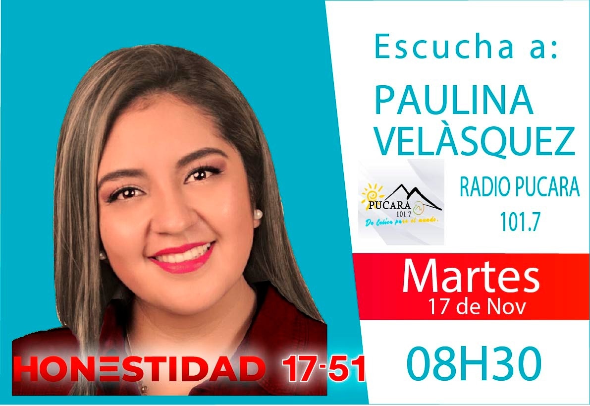 🖥️No te pierdas la entrevista a  nuestra segunda candidata por la  #AlianzaHonestidad 17-51 Paulina Velásquez.
🗓️17 de noviembre 
📲Medio: Radio Pucará
⏲️08h00 
#VamosJuntas #PorElPanYLasRosas
#LuchaDeLasMujeres🚩🚩🚩🚩✊✊✊🚩🚩🚩
