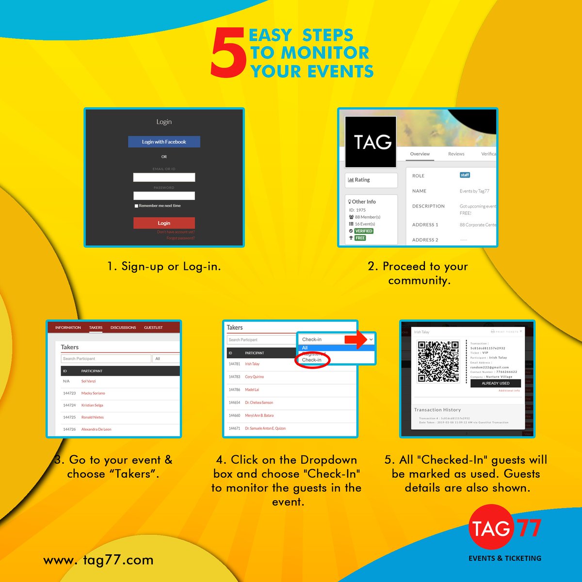 Tag77PH's tweet photo. Here's how you monitor your event using Tag77 with just 5 easy steps!
Do you have an upcoming event? Post it on our website for FREE!  DM or email us  at info@tagcash.com for more information. 

Visit https://t.co/opFoaTpwjm to know more.
#Tag77Events #EventsPH #EventTicketing https://t.co/W37ispIMfb