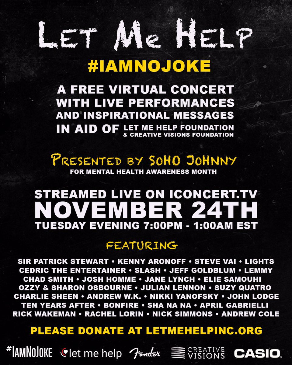 HollywoodDigest's tweet photo. iamnojoke #love #letmehelp #togetherathome #covid_19 #covid #help #nonprofit #helpingothers #charity #charityevent #charityconcert #virtualcharity #livestream #cancer #cancersucks #bullying #stopbullying #concert #sirpatrickstewart #ozzieosbourne #jeffgoldblum @IAMNOJOKESONG https://t.co/h6AQsrLwI0