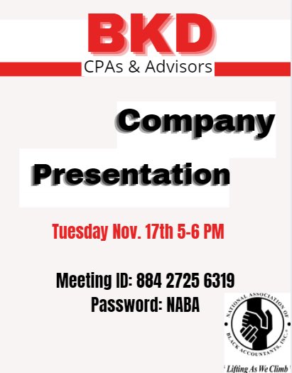 NABAUIUCChapter's tweet photo. Join us this Tuesday November 17th as we network and learn about opportunities available from BKD!!! https://t.co/lJ6lYzAsSL