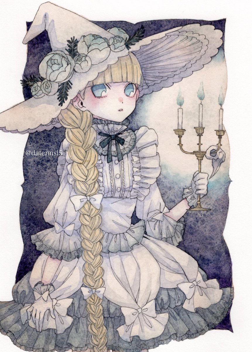 1girl candle hat solo braid dress witch hat  illustration images