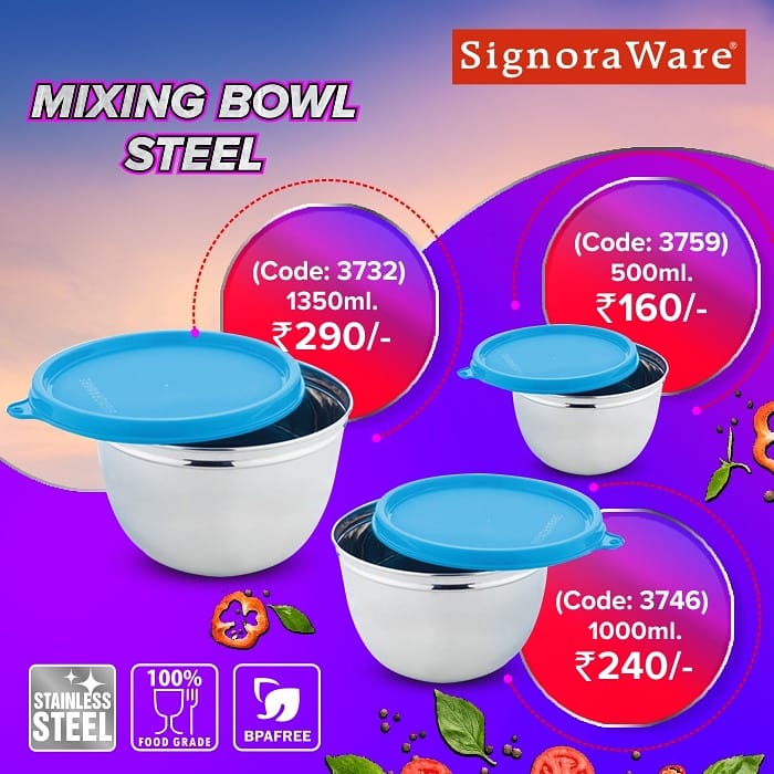 SignoraWare's tweet photo. Store your health with Mixing Bowls Steel
* 100% Food Grade
* BPA free
* Stainless Steel
#signoraware #MixingBowlSteel #steelbowl #bowls #steel #steelware #kitchen #kitchenware #makeinindia #vocalforlocal https://t.co/RR5YJmmRsn