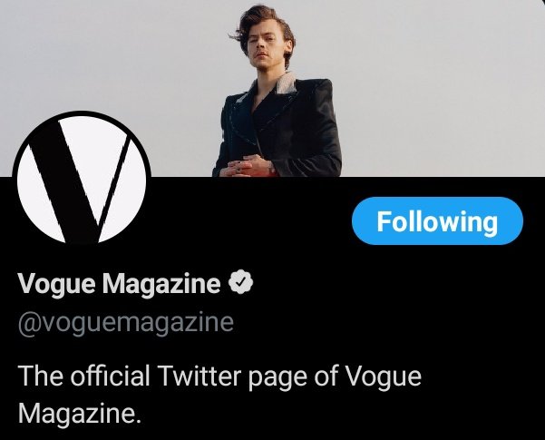 Harry is now in the cover photo of @vougemagazine 's official Twitter page...💖💖

#onedirection 
#harrystyles 
#proudofharry