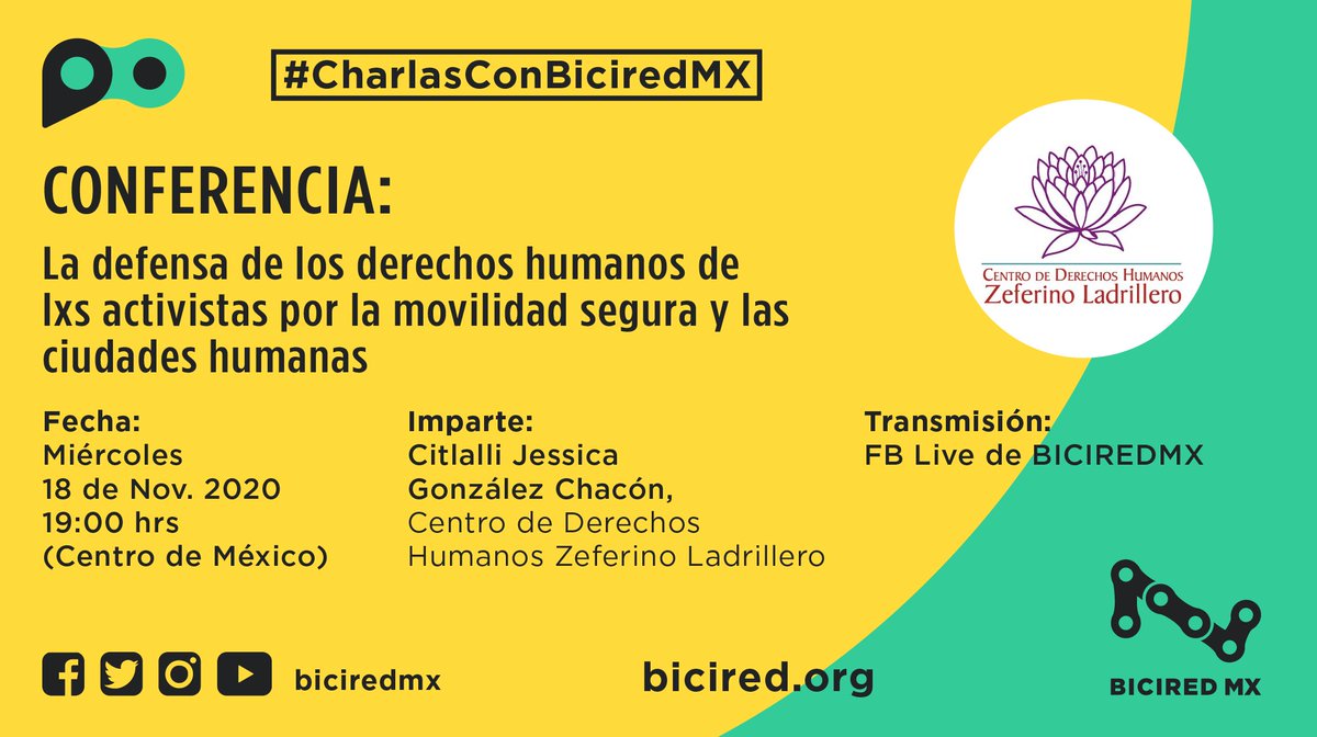 Este miércoles como parte del programa #CharlasConBICIREDMX les invitamos a esta gran conferencia, en punto de las 19:00 hrs. Aprendamos a defender nuestros derechos!

La transmisión será por Facebook Live de nuestra cuenta. Les esperamos! 
<a href="/cdhzloficial/">Centro de Derechos Humanos Zeferino Ladrillero AC</a>