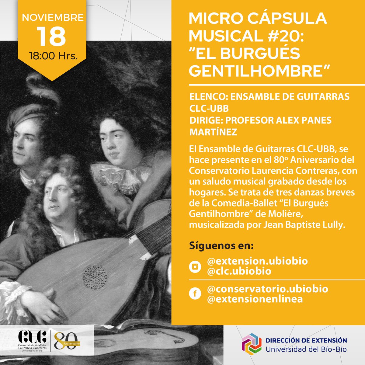 Este miércoles 18 de noviembre, les invitamos a disfrutar esta cápsula musical de nuestro Ensamble de Guitarras CLC UBB, a las 18 horas por el canal YouTube del CLC UBB  youtu.be/Asyl9gQG9o8 los esperamos 👌