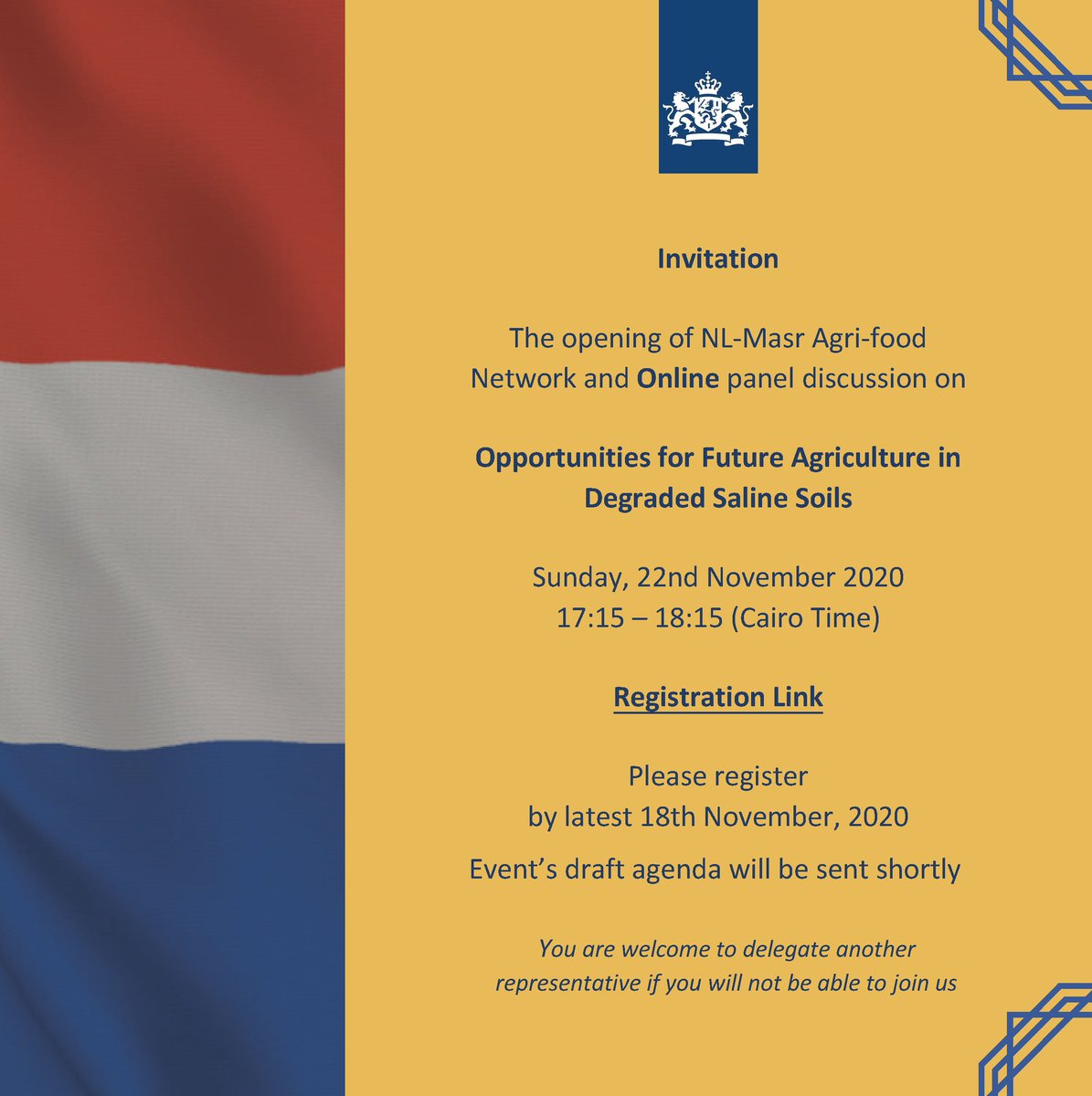 Hosting a hybrid webinar on Saline Farming in #Egypt. Sharing lessons of the Desalt Impact Cluster. Developing advice for smallholders and commercial farmers. Launch of the Masr-NL Agri-Food Network.
Sunday 22 November at 17:15 (Cairo time) 
To register: bit.ly/3fdKjSc