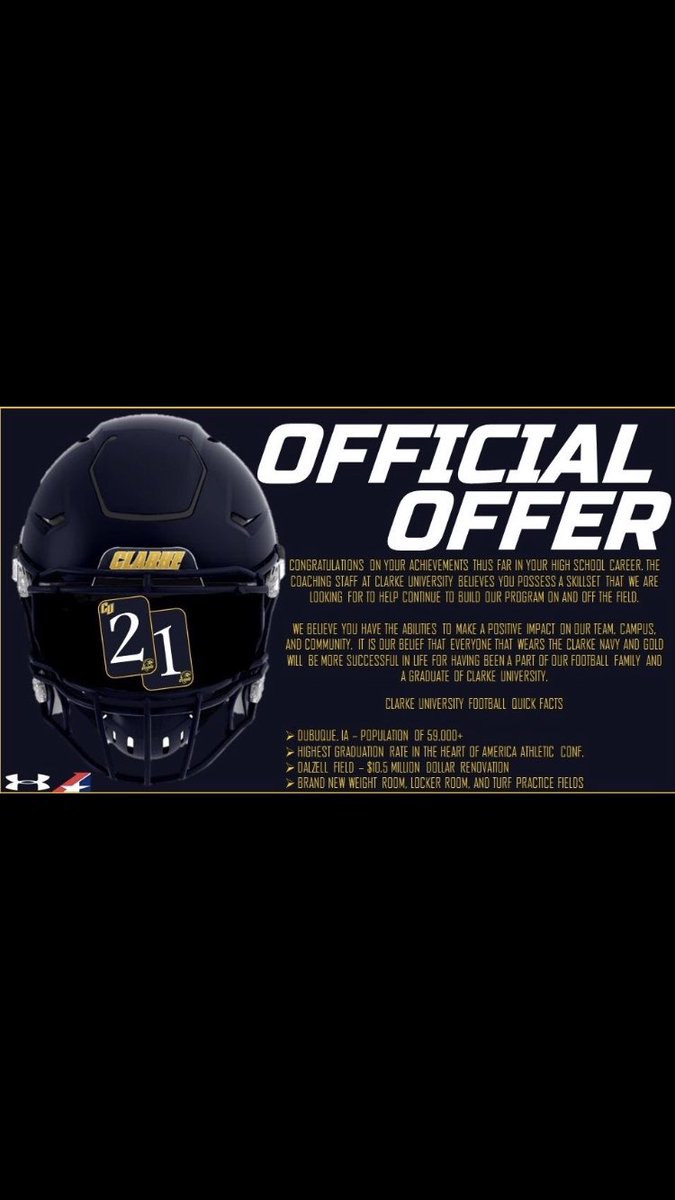 Haydencook24's tweet photo. Very blessed to receive a offer from Clarke University football, thank you !! @CoachMRegalado  🟡⚫️🦁 #pride @capofootball @CoachSeanCurtis https://t.co/BVNfxH19aT