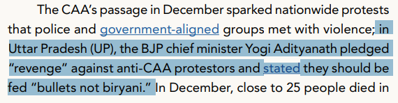 A surprising bit was the mention of Yogi Adityanath in this report. His statement after the anti-CAA/NRC protests are quoted verbatim in this report along with his name.This is really good to have in the report to capture the actual sentiments of BJP leaders.