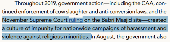 There was also a brief section about the Babri Masjid verdict. Although the US cannot criticize the SC's decision, they did mention how it led to religious tensions in the country.