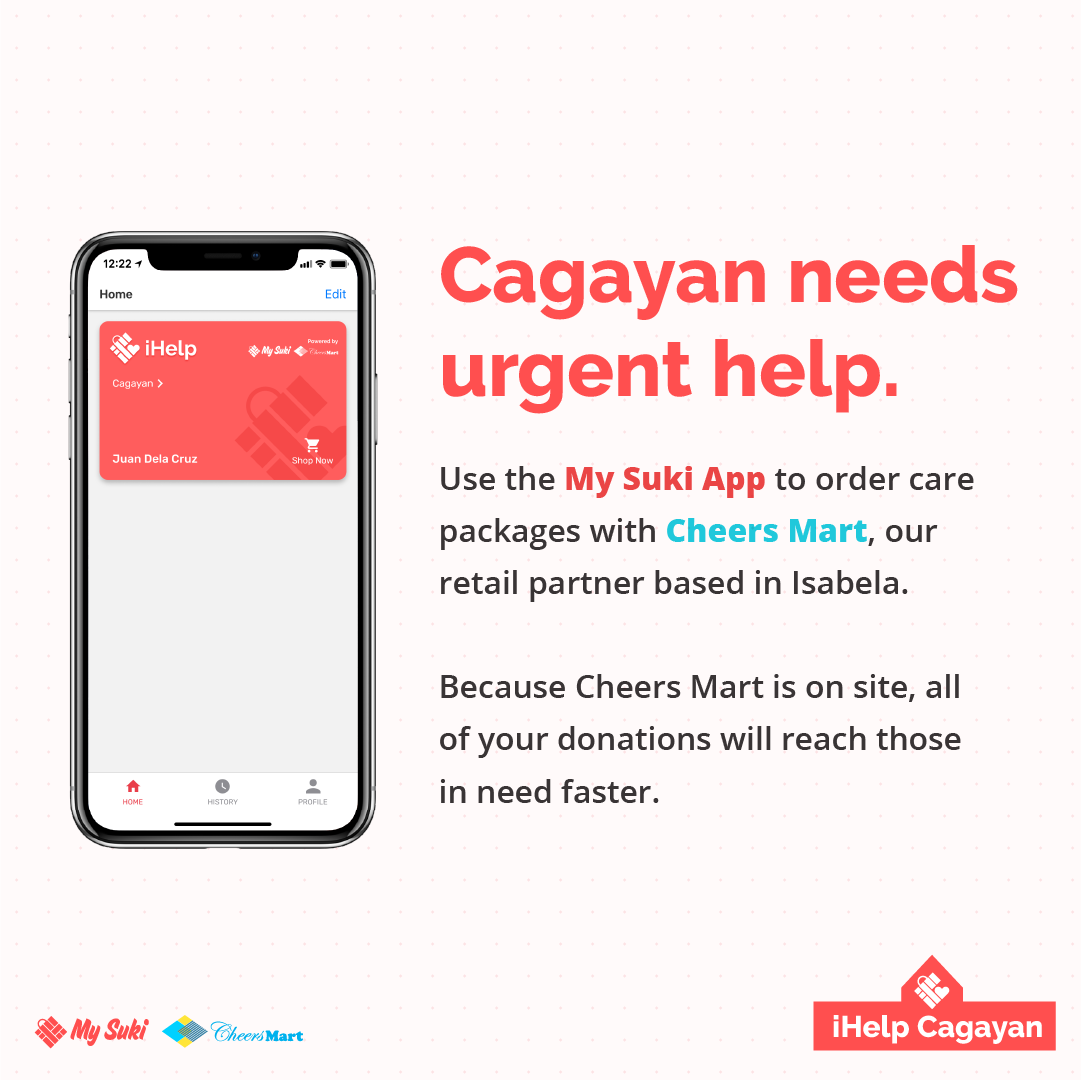 MySukiApp's tweet photo. Ngayon ay ginintuang oras ng pagtulong. Madali nating maipaparating ang ating mga grocery donations sa mga nasalanta ng bagyong #Ulysses sa Cagayan, gamit ang IHELP!

Kung may katanungan, please send us a message or call our IHELP Hotline: +639175273661.
 #CagayanNeedsOurHelp https://t.co/dDZ6AsrEfh