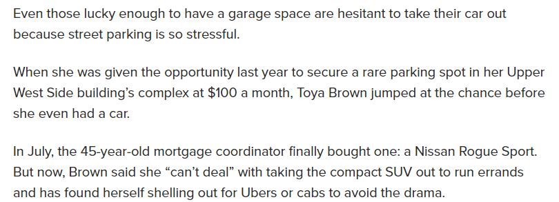 Manhattan residents are finding that - shocker! - it sucks to drive in the city even if you can park it in your own building. Who coulda guessed?