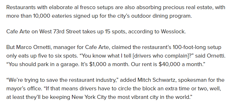 It's funny (?) how The Post frames restaurants as taking up precious real estate rather than the cars that contribute nothing. Good to see the city defend it, but I'd love to see Mitch Schwartz tell everyone to just stop driving instead.