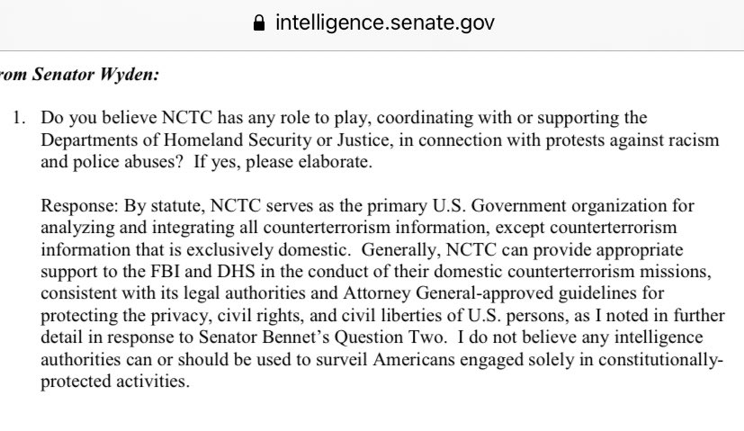 kenklippenstein's tweet photo. Trump’s new Acting Defense Secretary testified to Sen. Wyden that the National Counterterrorism Center “can provide appropriate support to the FBI and DHS” in connection to protests against racism and police abuses (h/t @KeithChu)
https://t.co/tXlBQYOanf https://t.co/o8WYWQfYyd