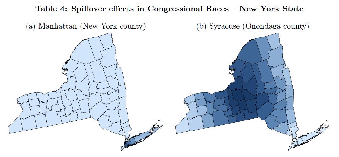 Well, a statistical technique. You can capture spatial interactions to see if deaths elsewhere influenced vote shares. Consider these two maps of New York State