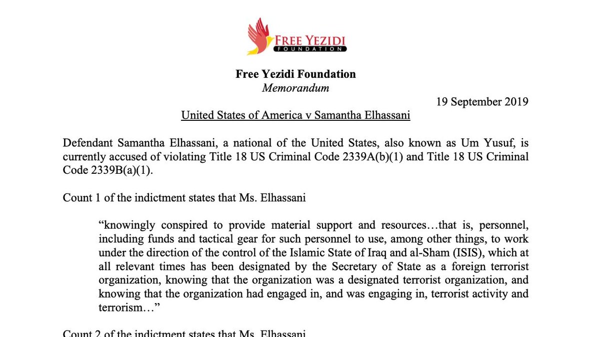 And this is a brief outlining further charges that we believe can and should be put to those who have provided material, logistic, or other forms of support to  #ISIS  #Daesh , used to commit atrocities, crimes against humanity, mass rape, and genocide. https://www.freeyezidi.org/wp-content/uploads/FYF-memo-Samantha-ElHassani.pdf