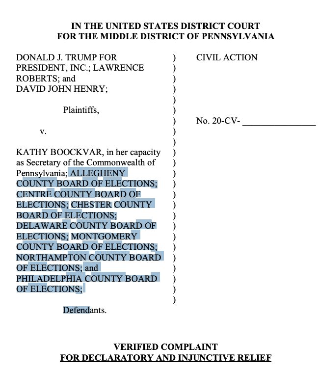 Trump's lawsuit uses variations of the word "fraud" 33 times, and only one graph appears to allege suspected instances of it: in Luzerne and Lafayette County. Neither of those counties' board of elections is one of the 7 defendants.Both are red.  https://lawandcrime.com/2020-election/trump-campaign-files-federal-lawsuit-seeking-to-block-pennsylvania-from-certifying-election-results/
