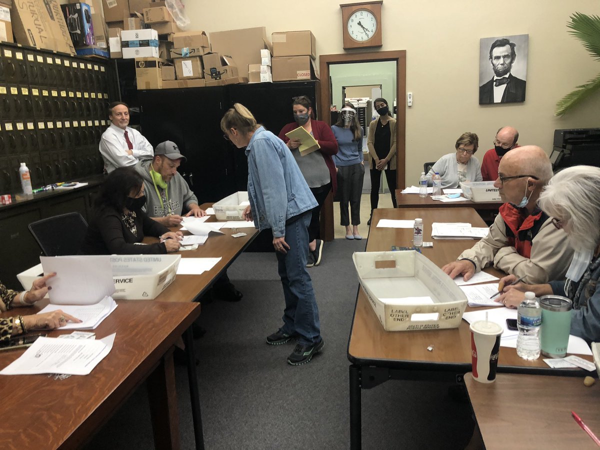 Election workers are now recounting all of the ballots from the Clear Creek Poweshiek precinct for the fourth time, just tallying CD2 votes. Representatives from both campaigns & the auditor are eager to get to that magic number of 561 total ballots cast.  #IA02