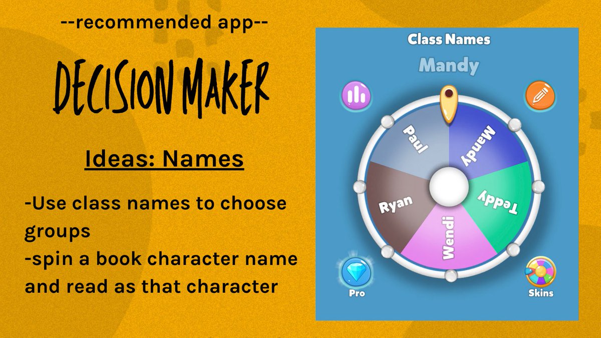 We are loving the app "Decision Maker" which offers customizable spinning wheels.
Use this app with names:
+ Add class names and use for groupings or share time.
+ Add book character names and read in character

Share your ideas on how you could you use "Decision Maker"!