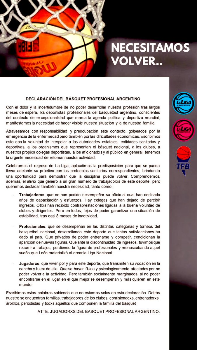 tna_noticias's tweet photo. Excelente los profesionales del básquet, mostrando empatía con la liga nacional, el momento de los clubes, y su necesidad de poder trabajar después de 9 meses. 
Sin reclamos a ninguna entidad, solo contando su situación. 
👏👏👏👏👏👏👏👏👏 https://t.co/EXmBCMsOdE