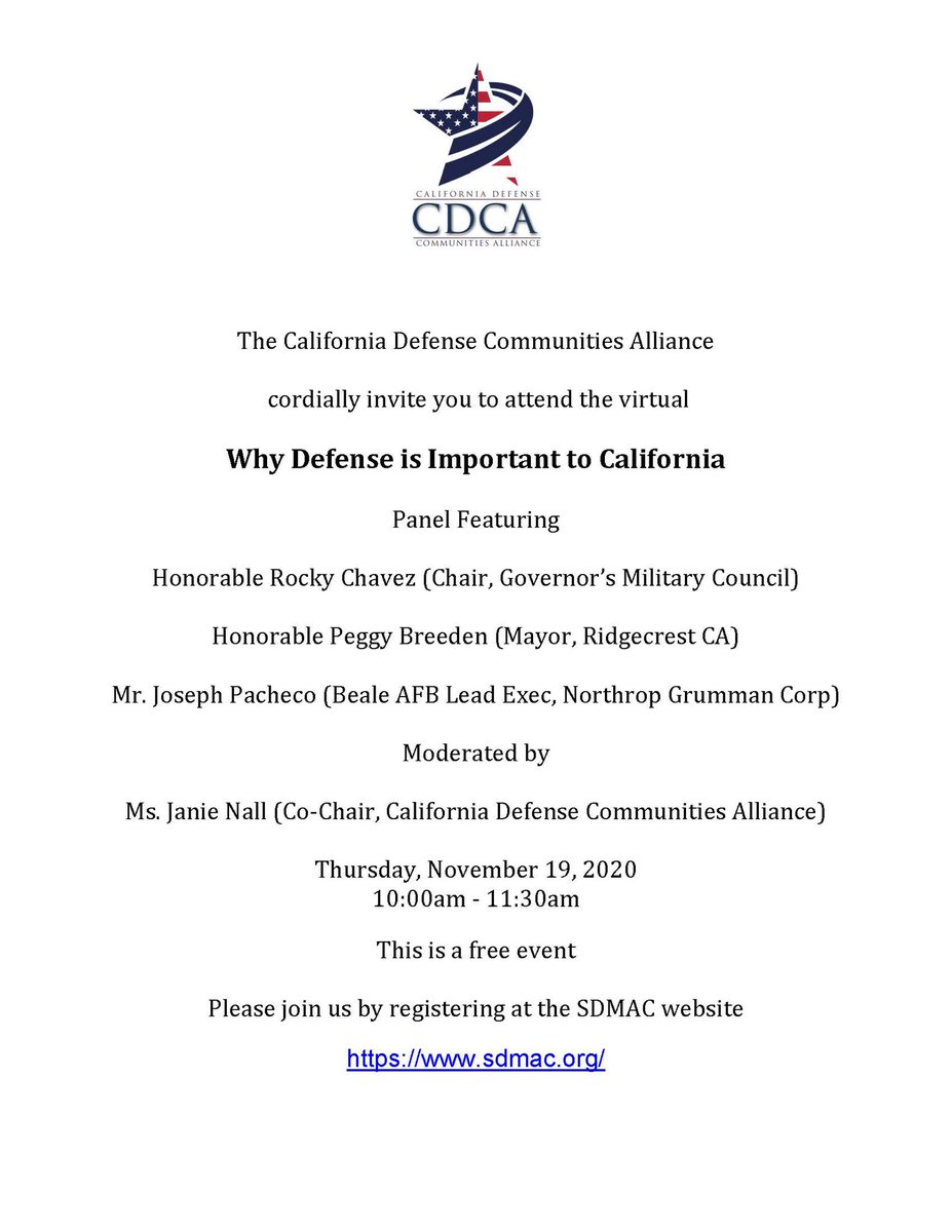 bmlc530's tweet photo. Why is Defense important to California??  Join @CaDefenseComm and the founding organizations, @Sdmac_Official @bmlc530 @CityofMonterey as well as #ChinaLakeAlliance #RDP21 #TravisCommunityConsortia to find out! https://t.co/uWiVe3fgJ9