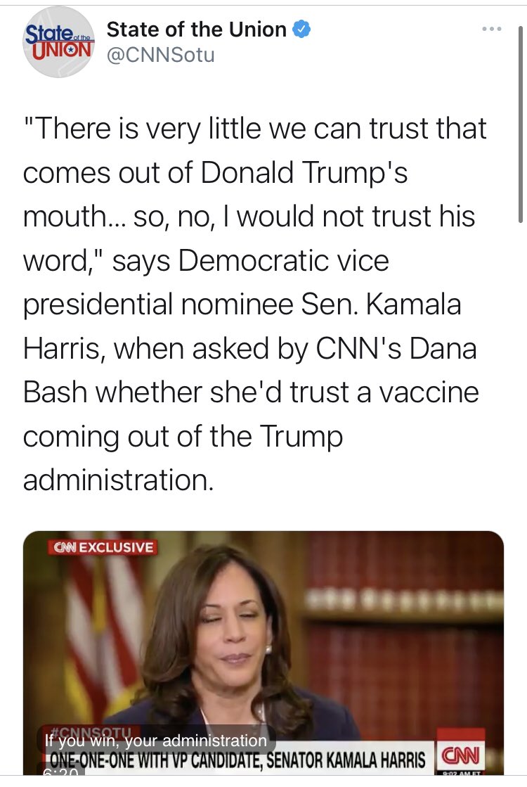 Perhaps the most well-known anti-vaccine voice on this was  @KamalaHarris, who kicked up a firestorm when she suggested she wouldn’t trust or take a vaccine coming out of the Trump Administration.