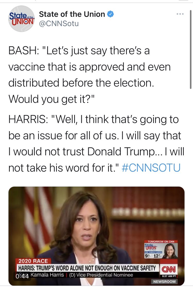 Perhaps the most well-known anti-vaccine voice on this was  @KamalaHarris, who kicked up a firestorm when she suggested she wouldn’t trust or take a vaccine coming out of the Trump Administration.