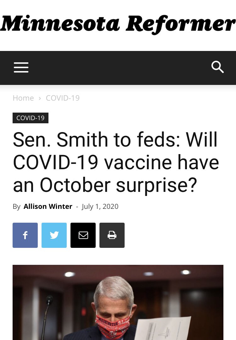 We had a similar lack of confidence on Capitol Hill. Here’s  @TinaSmithMN, suggesting that political pressure would undermine a safe and effective vaccine.To be clear, this can only rightly be called a conspiracy theory.