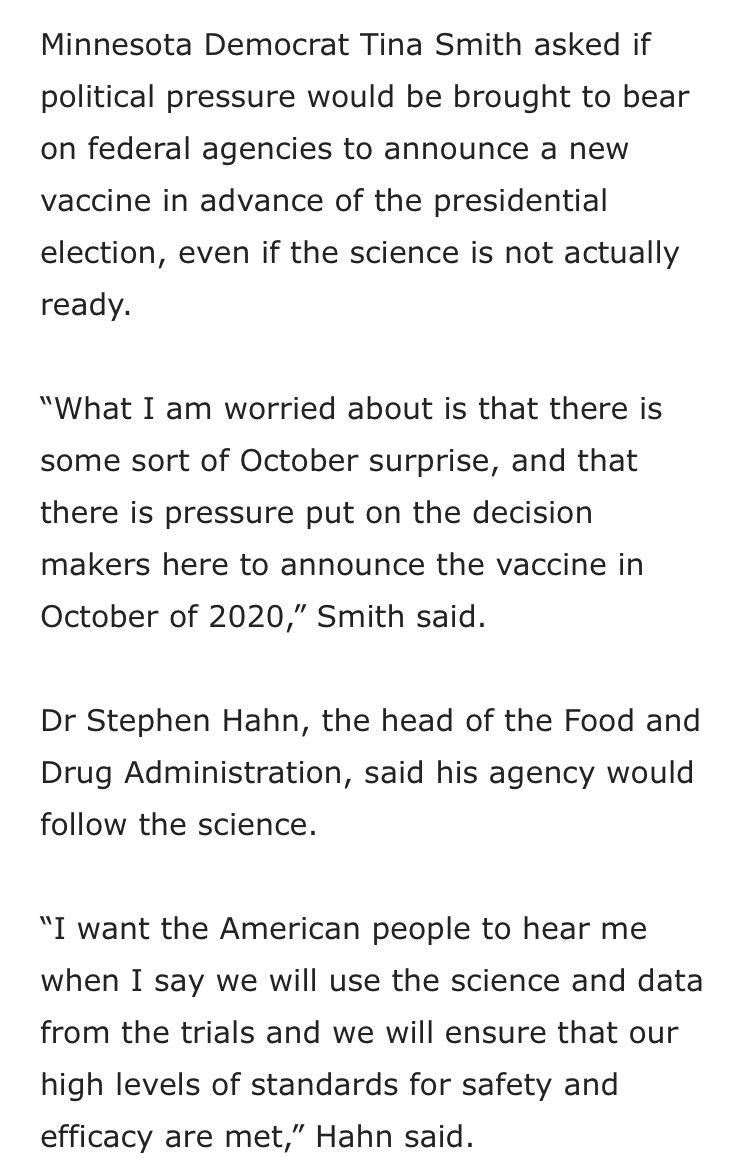 We had a similar lack of confidence on Capitol Hill. Here’s  @TinaSmithMN, suggesting that political pressure would undermine a safe and effective vaccine.To be clear, this can only rightly be called a conspiracy theory.