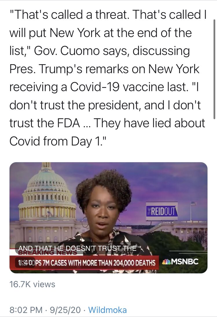 But what you may not remember is that  @NYGovCuomo has been saying since September that he doesn’t trust the president or the FDA (!!) about a vaccine. (No pushback from  @MSNBC on this one, by the way)