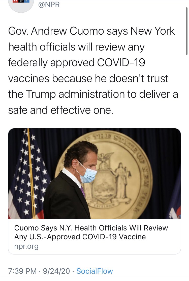 But what you may not remember is that  @NYGovCuomo has been saying since September that he doesn’t trust the president or the FDA (!!) about a vaccine. (No pushback from  @MSNBC on this one, by the way)