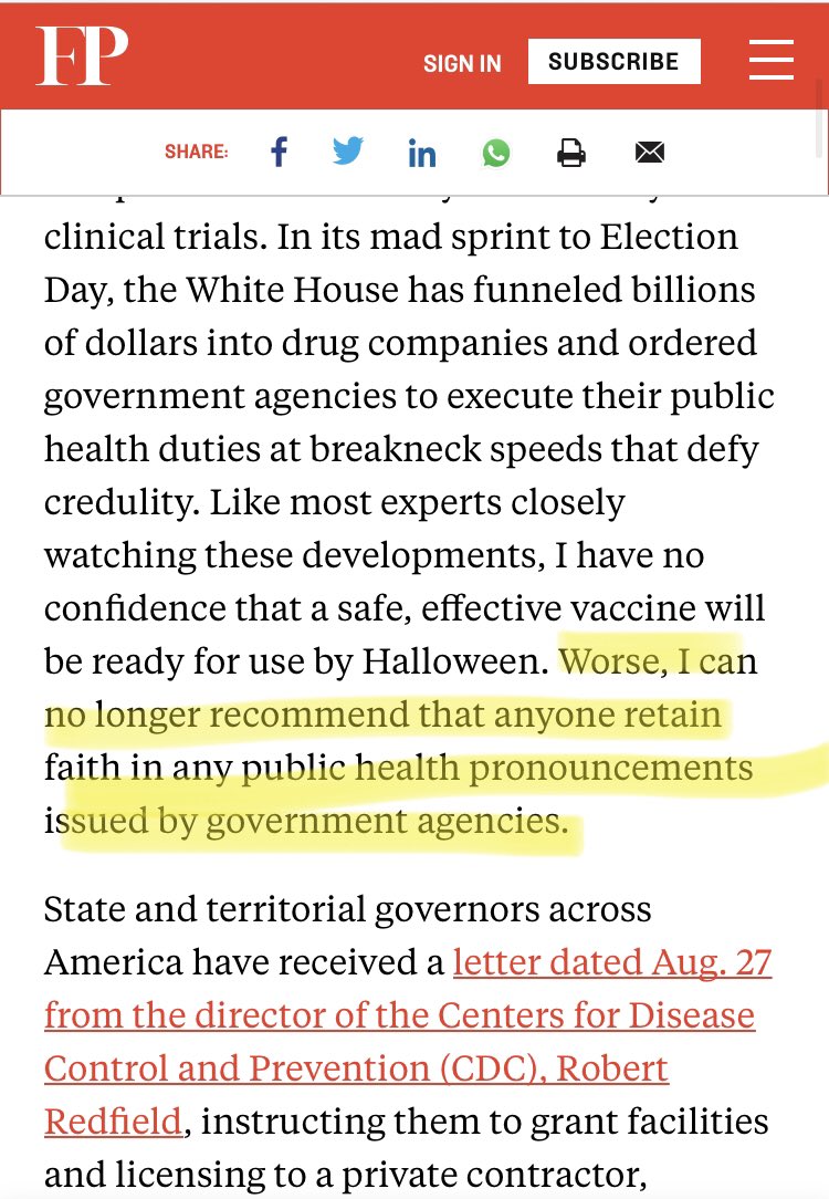 The media didn’t help. Some of them, like  @ForeignPolicy, were very clear about what they thought of a vaccine approved by a Trump Administration. This one from  @Laurie_Garrett. Check out that highlighted line.