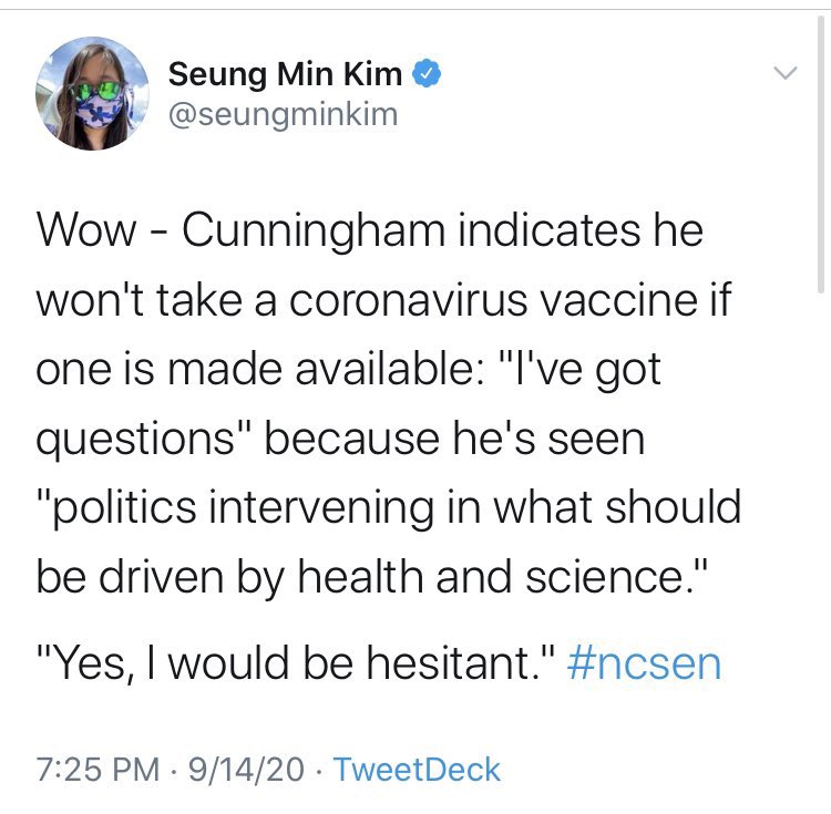 We also had some almost politicians, including  @CalforNC, who suggested that he would be “hesitant” to receive a vaccination, approved by the most advanced medical oversight body in the world, during a global pandemic.