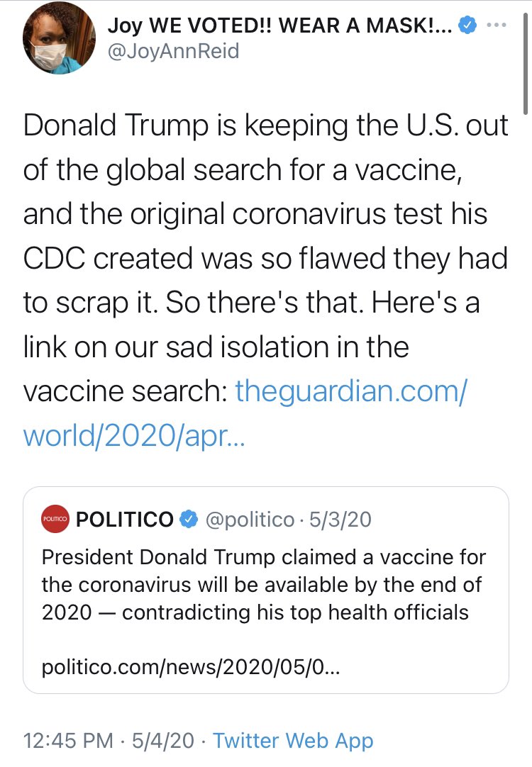 You won’t be surprised to see the media’s chief conspiracymonger,  @JoyAnnReid, get in on this one.She went from lambasting POTUS for not caring to find a vaccine in May to suggesting *this morning* that she wouldn’t have trusted one anyway.Remarkable mental gymnastics.