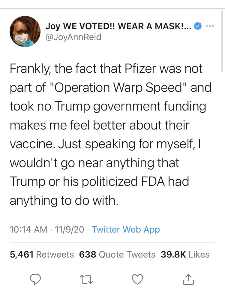 You won’t be surprised to see the media’s chief conspiracymonger,  @JoyAnnReid, get in on this one.She went from lambasting POTUS for not caring to find a vaccine in May to suggesting *this morning* that she wouldn’t have trusted one anyway.Remarkable mental gymnastics.