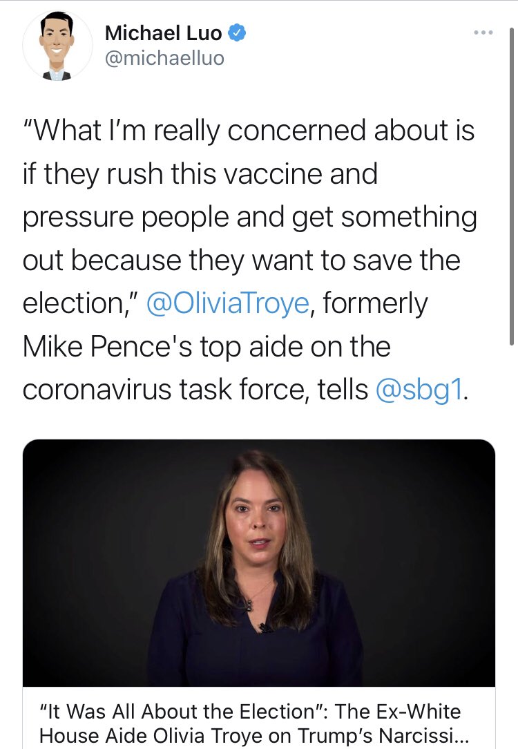 We saw the same sentiment elsewhere. Here’s  @sbg1, talking to  @OliviaTroye, suggesting an ineffective or unsafe vaccine would be rushed out before Election Day. Hope the fear-porn clicks were worth it for  @NewYorker.