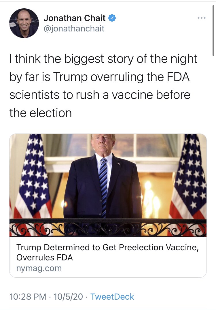Across the street at  @NYMag we got the same perspective from  @jonathanchait, a man who has never seen a left-wing conspiracy theory he didn’t like. We could’ve expected that sentiment would extend to Trump’s killer vaccine push.