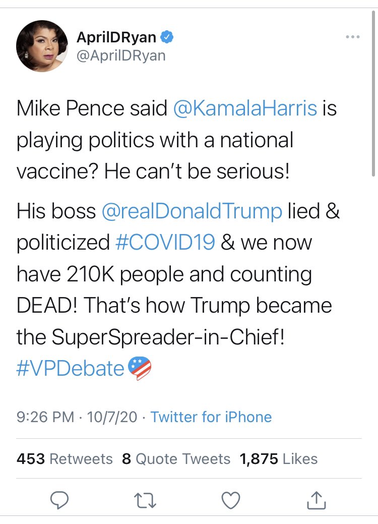 And plenty of blue checks jumped in to defend the Democrats and the media. Here’s  @AprilDRyan excusing Harris’s comments by pivoting to...Trump and Pence, as ever.Two rights and a wrong and all that.