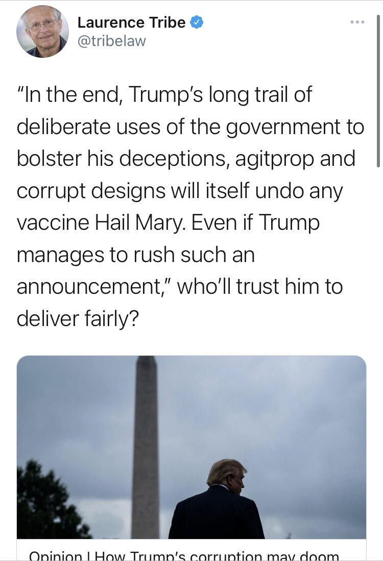 This is, regrettably, only the tip of the iceberg when it comes to lefty bluechecks undermining confidence in the vaccine. Leading the charge is the increasingly unhinged  @tribelaw, who suggested the virus was as lethal as drinking Lysol.
