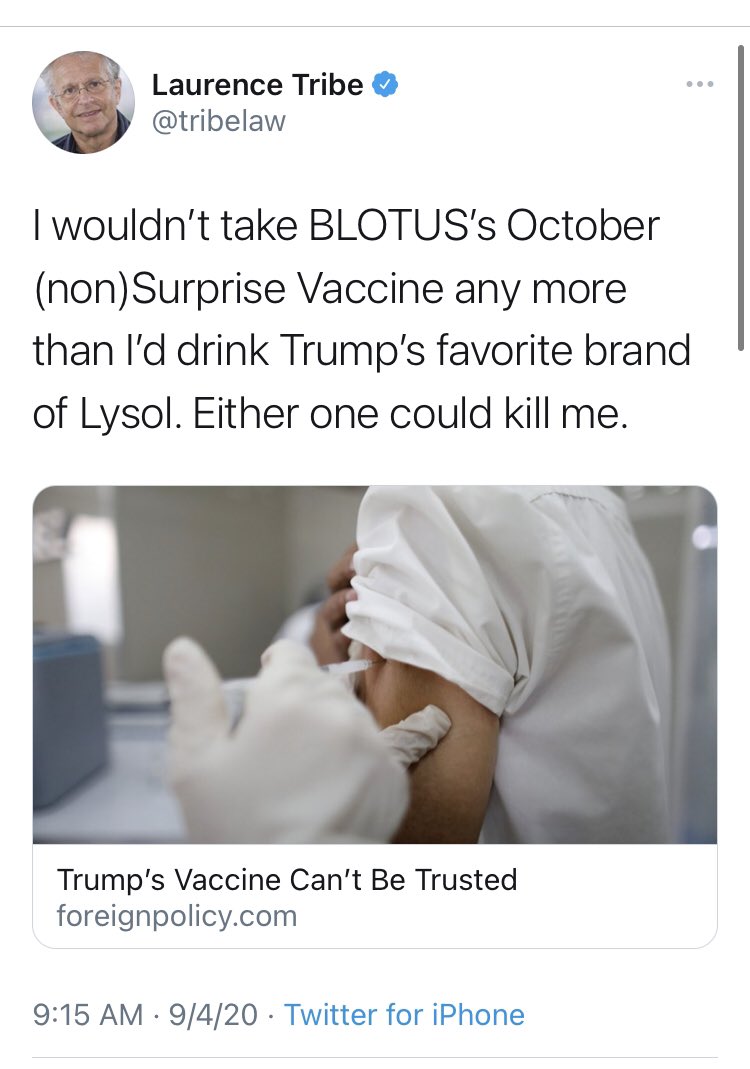 This is, regrettably, only the tip of the iceberg when it comes to lefty bluechecks undermining confidence in the vaccine. Leading the charge is the increasingly unhinged  @tribelaw, who suggested the virus was as lethal as drinking Lysol.