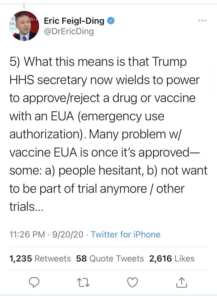 We had all of Twitter’s favorite doctors behind the idea that Trump was going to push through a vaccine. Here’s  @DrEricDing.